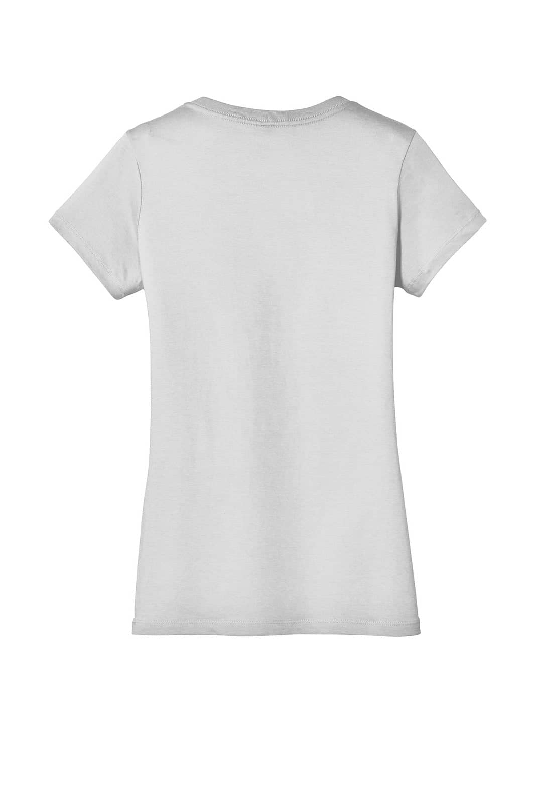 A grey women's V-neck t-shirt with a fitted style and short sleeves. It has a logo on the back.