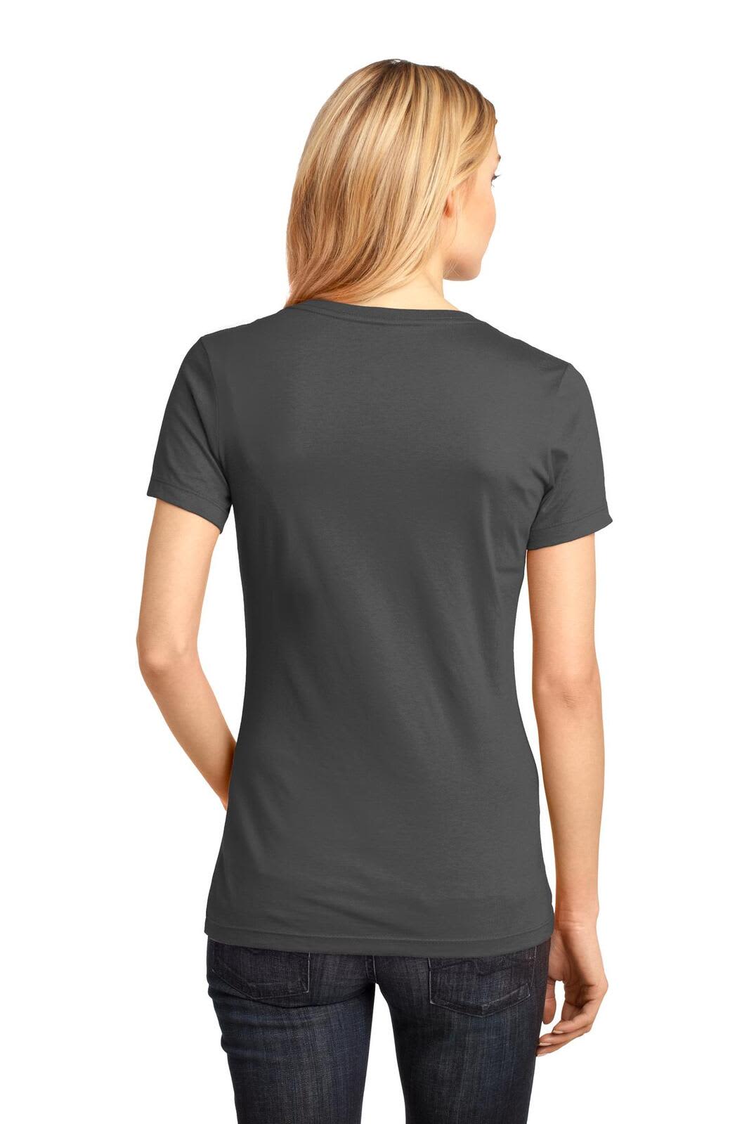 A grey ladies' V-neck tee shown from the back, featuring a fitted style and short sleeves.
