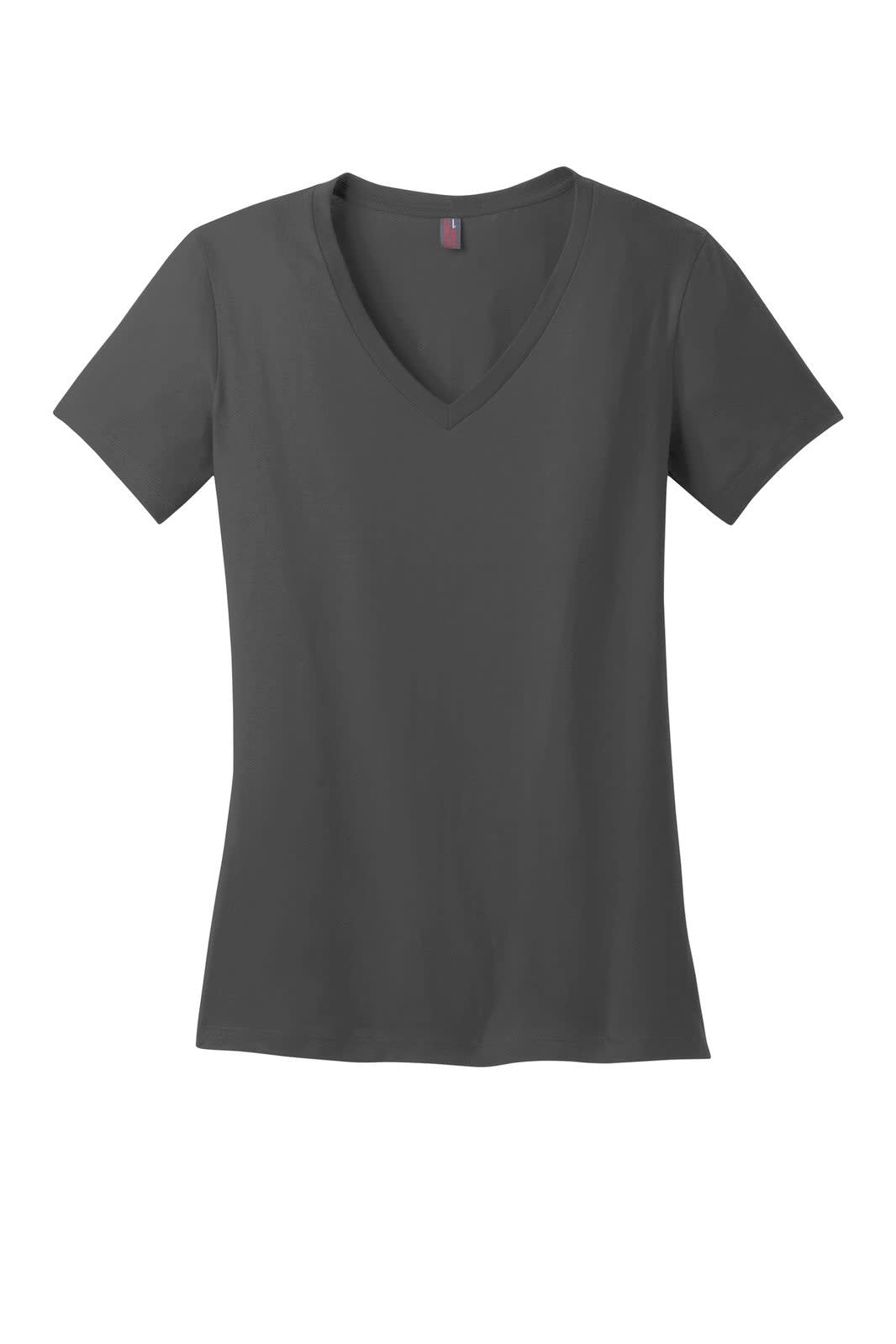 A ladies' V-neck tee in charcoal grey with short sleeves and a fitted design. Features a logo on the neckline.