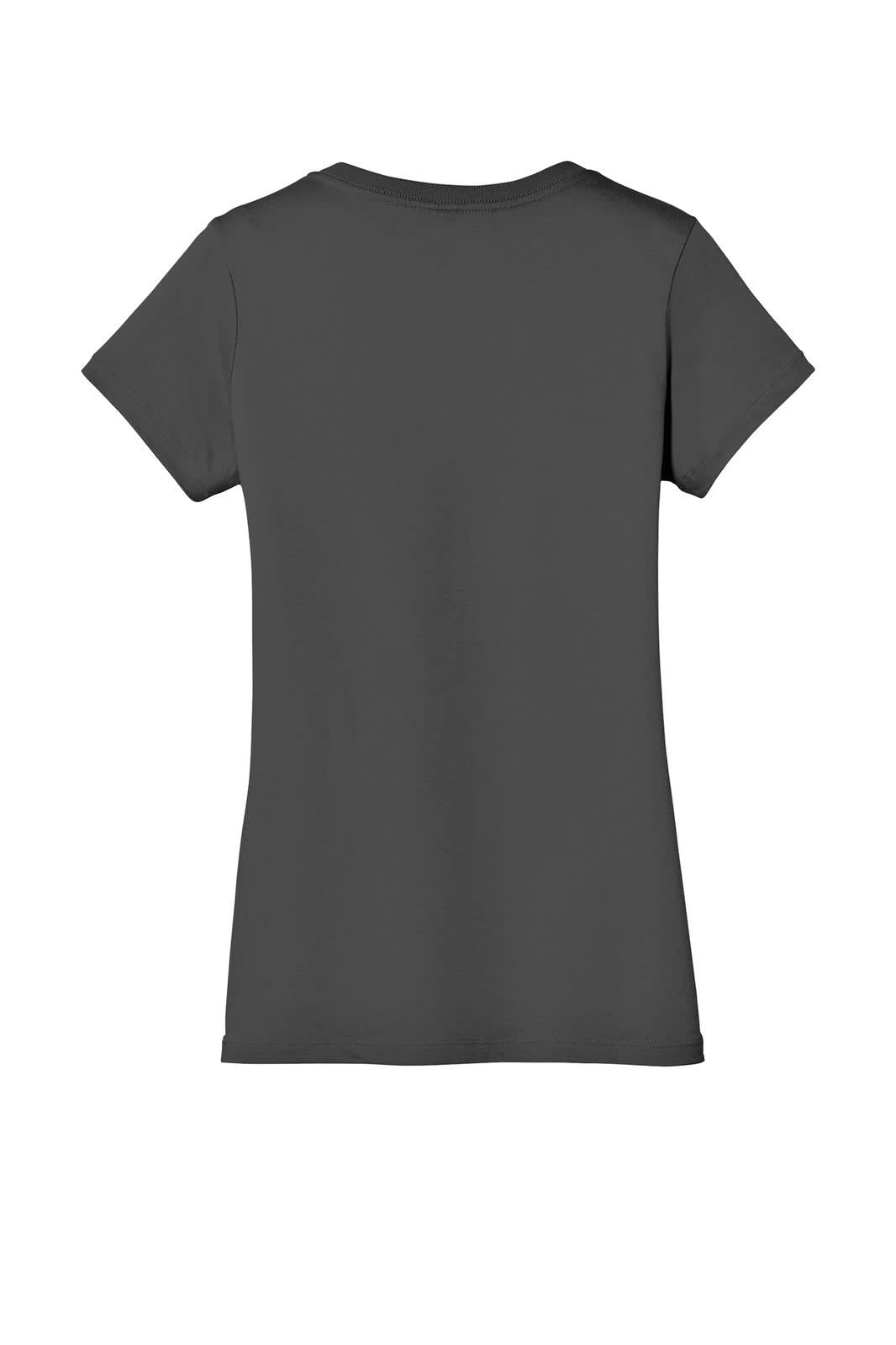 A grey ladies' V-neck t-shirt with short sleeves and a simple design, featuring a logo on the back.