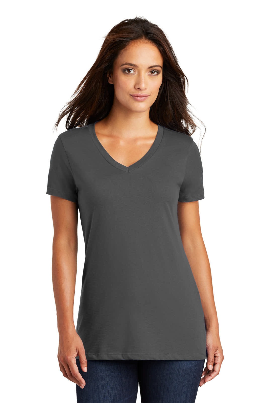 A grey ladies V-neck tee with short sleeves, featuring a simple design and a fitted shape.
