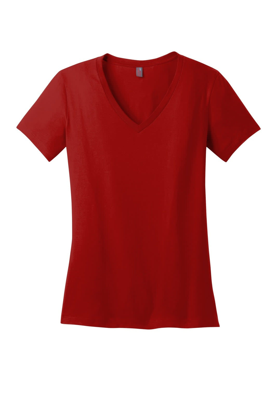 A red V-neck tee featuring short sleeves and a fitted silhouette, with a small logo on the neckline.