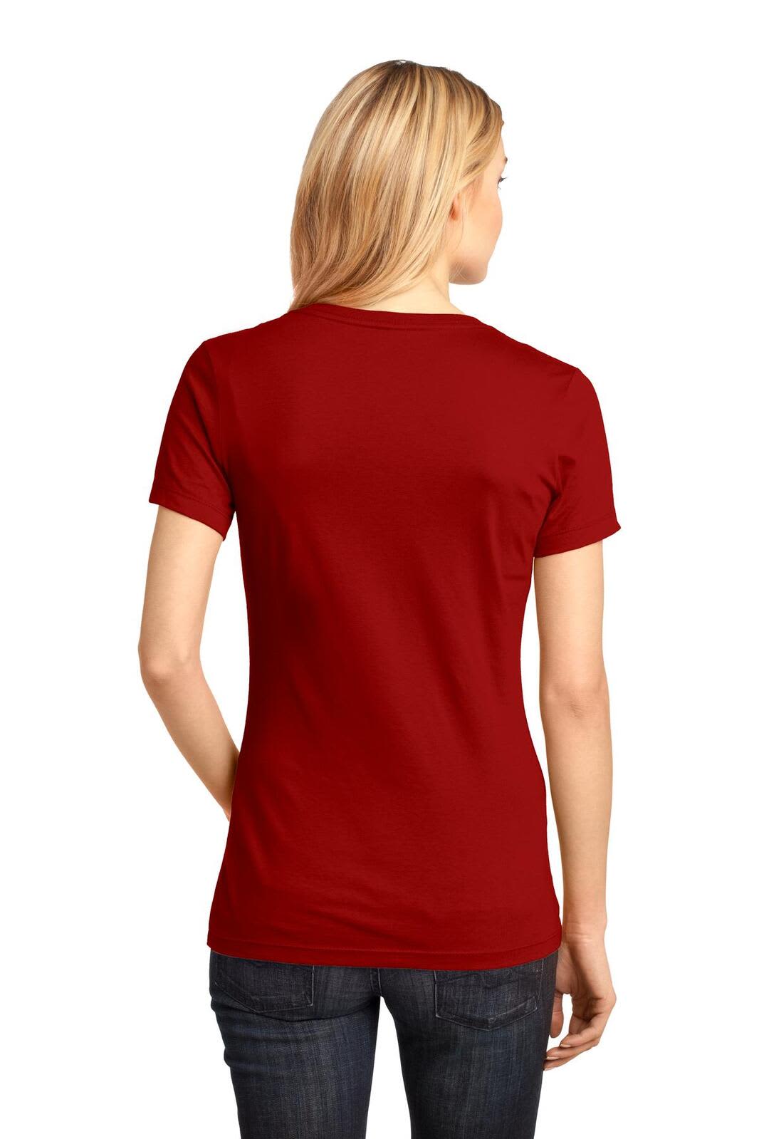 A red ladies' V-neck tee displayed from the back, featuring short sleeves and a fitted style.