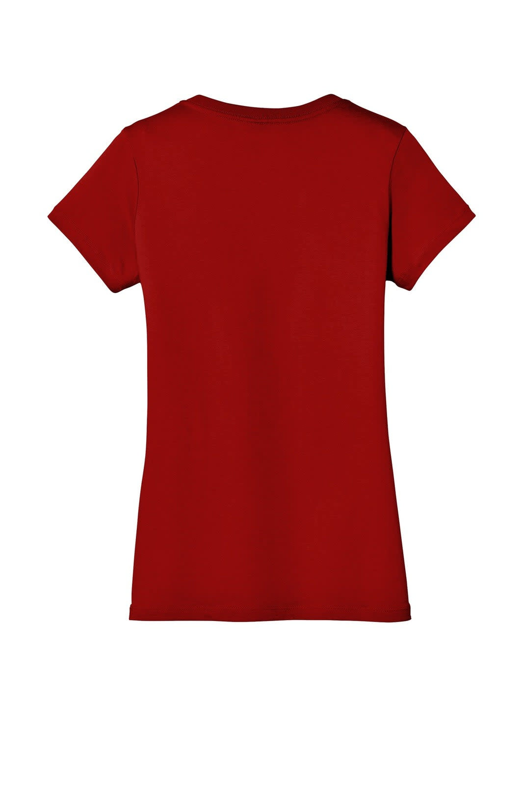 A red ladies' v-neck t-shirt with short sleeves and a simple design, featuring a logo on the back.