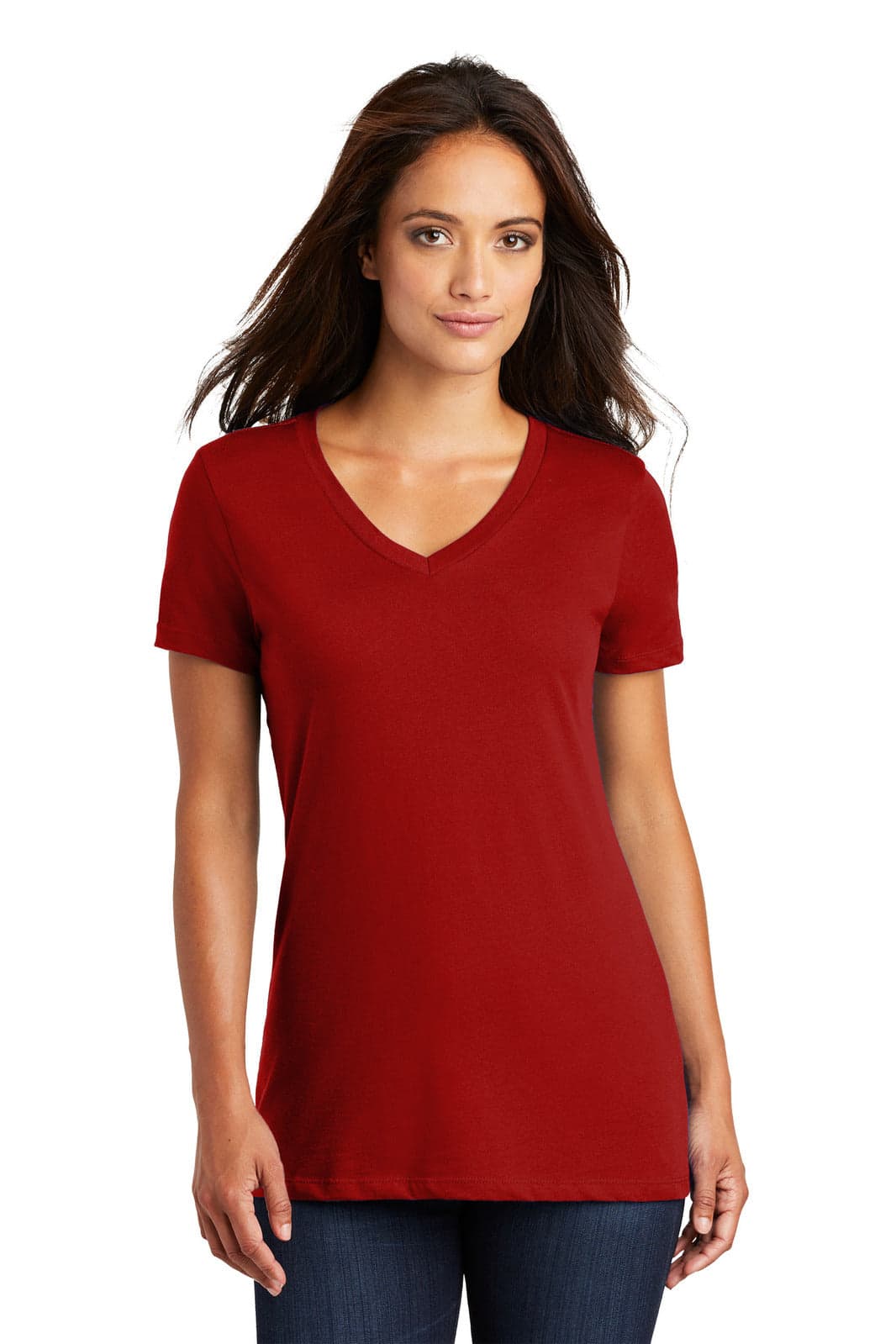 A women's red V-neck tee with a fitted silhouette, featuring short sleeves and a logo on the label.