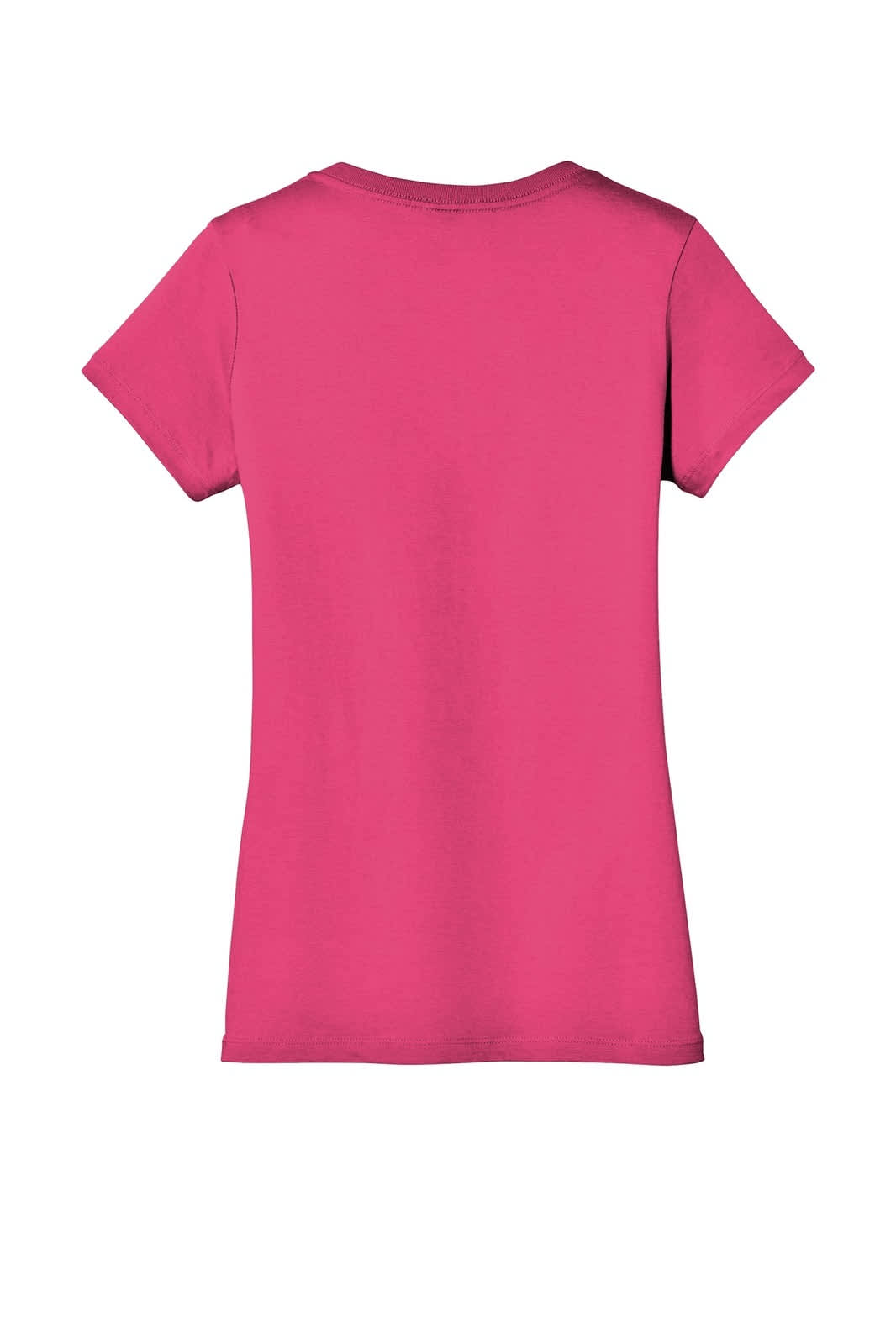 A pink ladies' V-neck tee shirt with a fitted silhouette and short sleeves. Features a logo on the back.