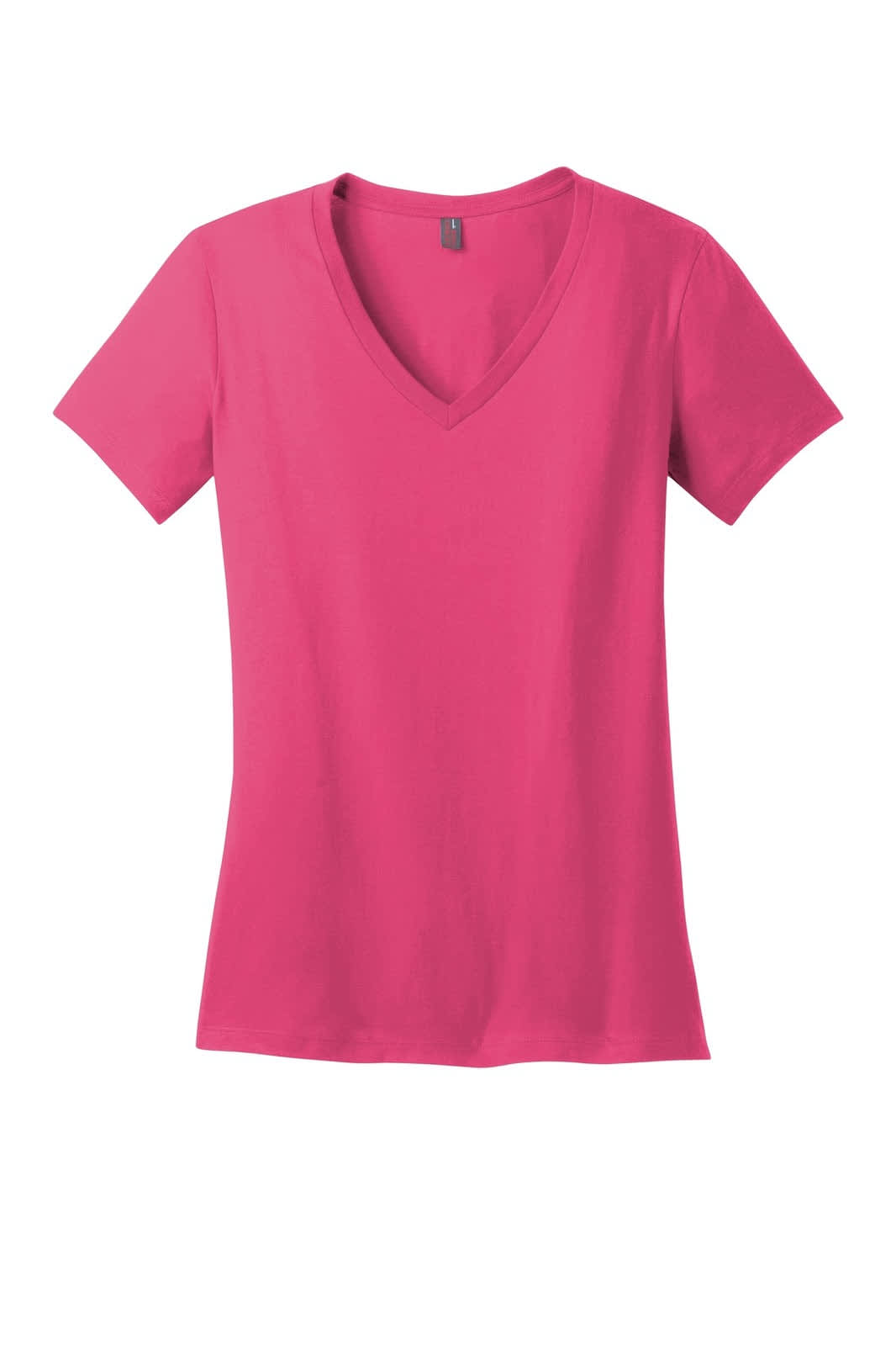 A pink ladies' V-neck T-shirt made from a soft fabric, featuring short sleeves and a fitted design, with branding visible.