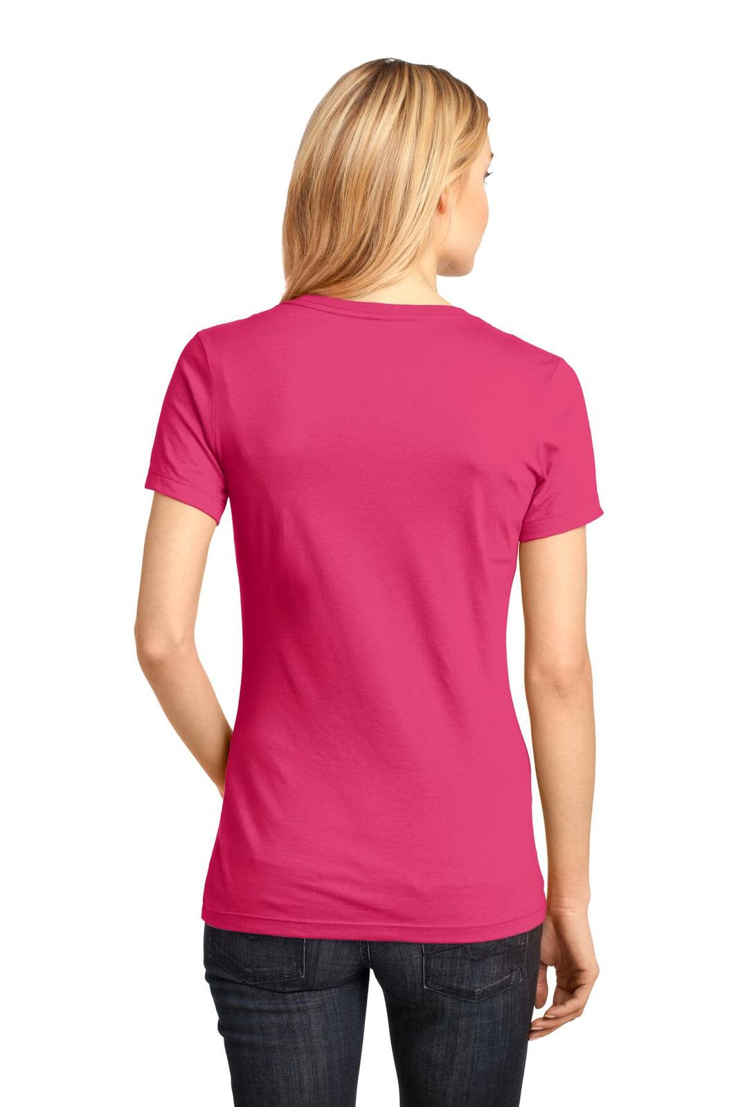 A pink ladies' V-neck tee with a fitted design and short sleeves, featuring a visible logo on the back.