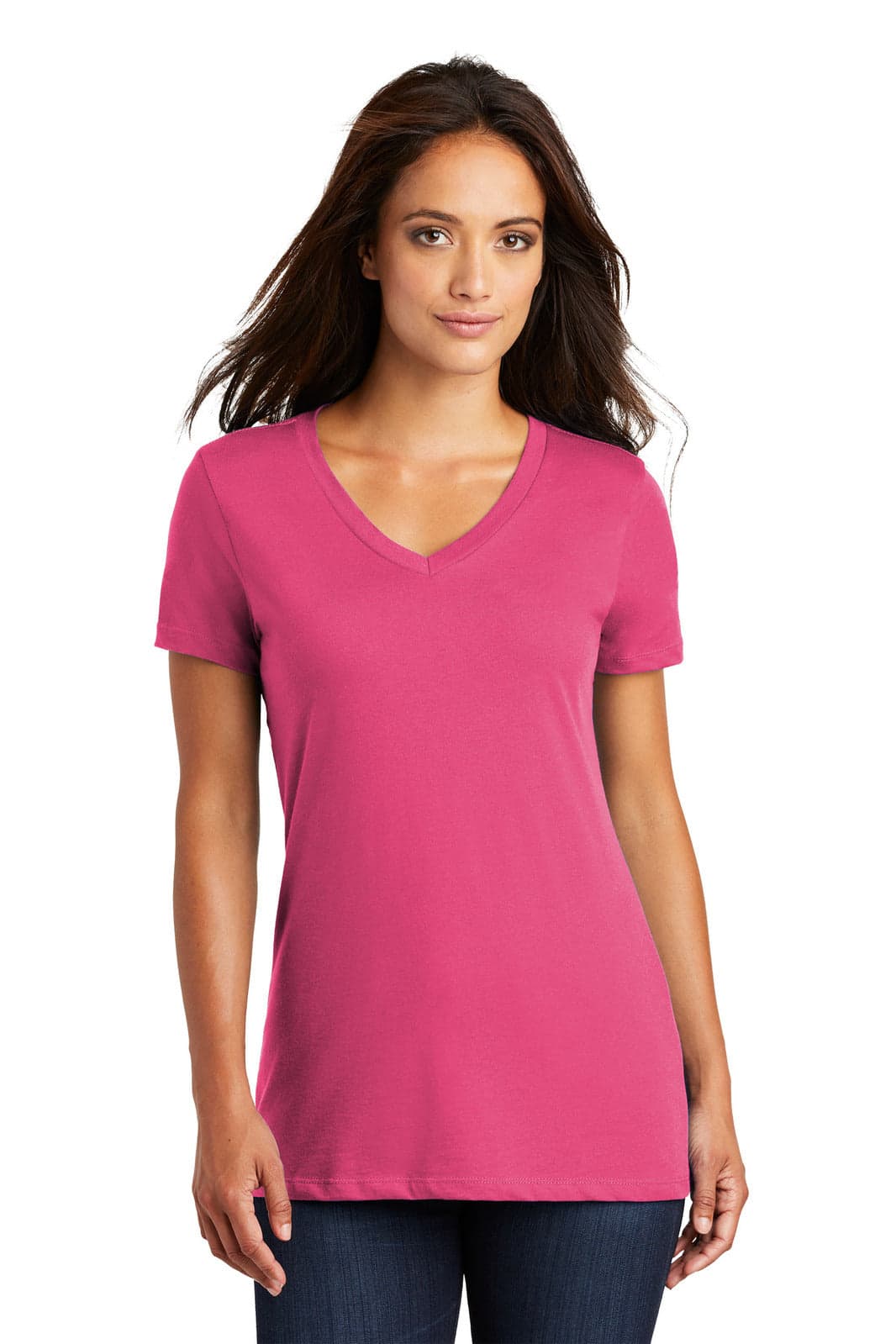A pink ladies' V-neck tee with short sleeves, displayed on a model against a neutral background.
