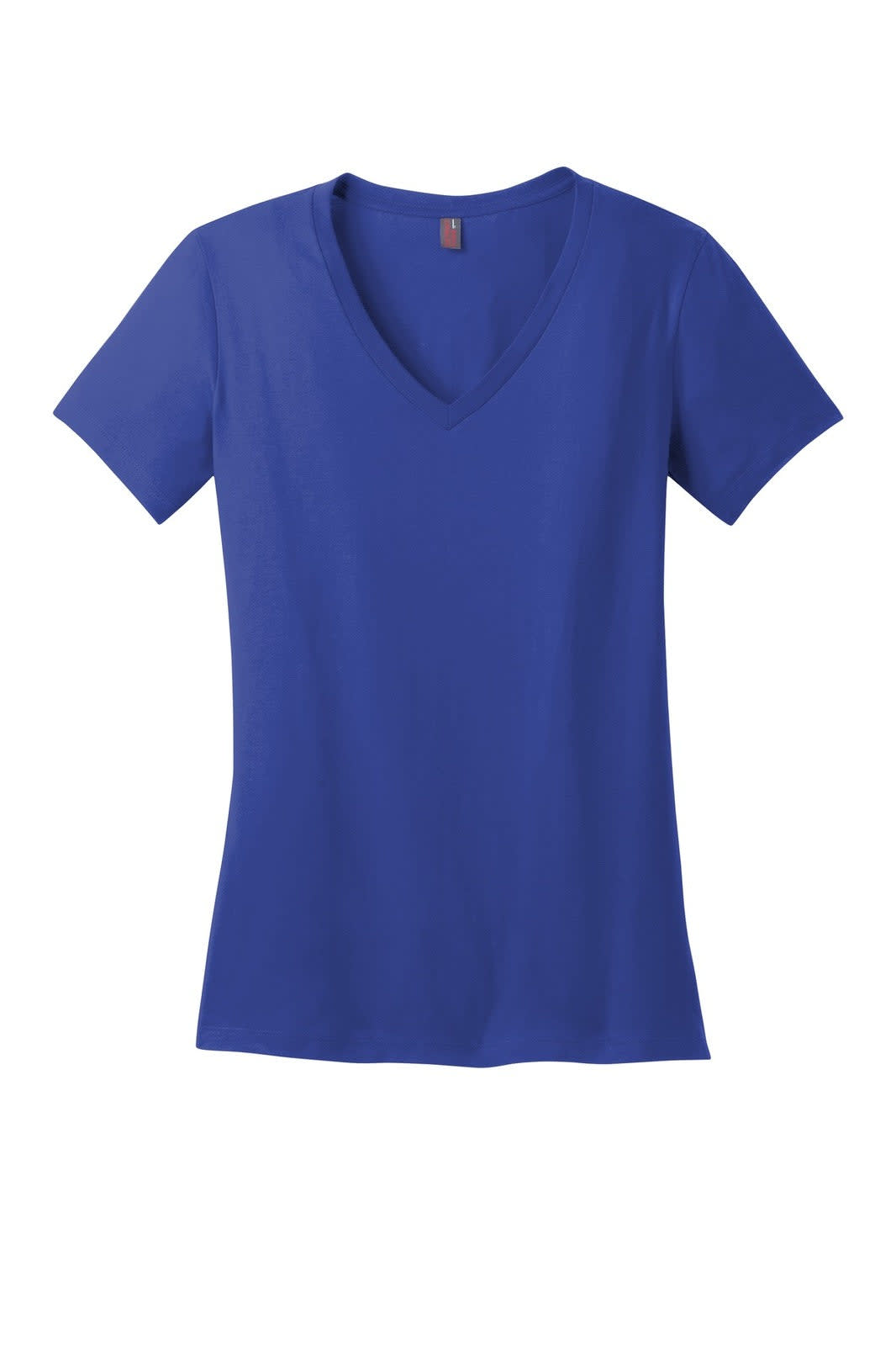 A blue ladies' V-neck t-shirt with short sleeves. The shirt has a fitted style and a tag at the neckline.