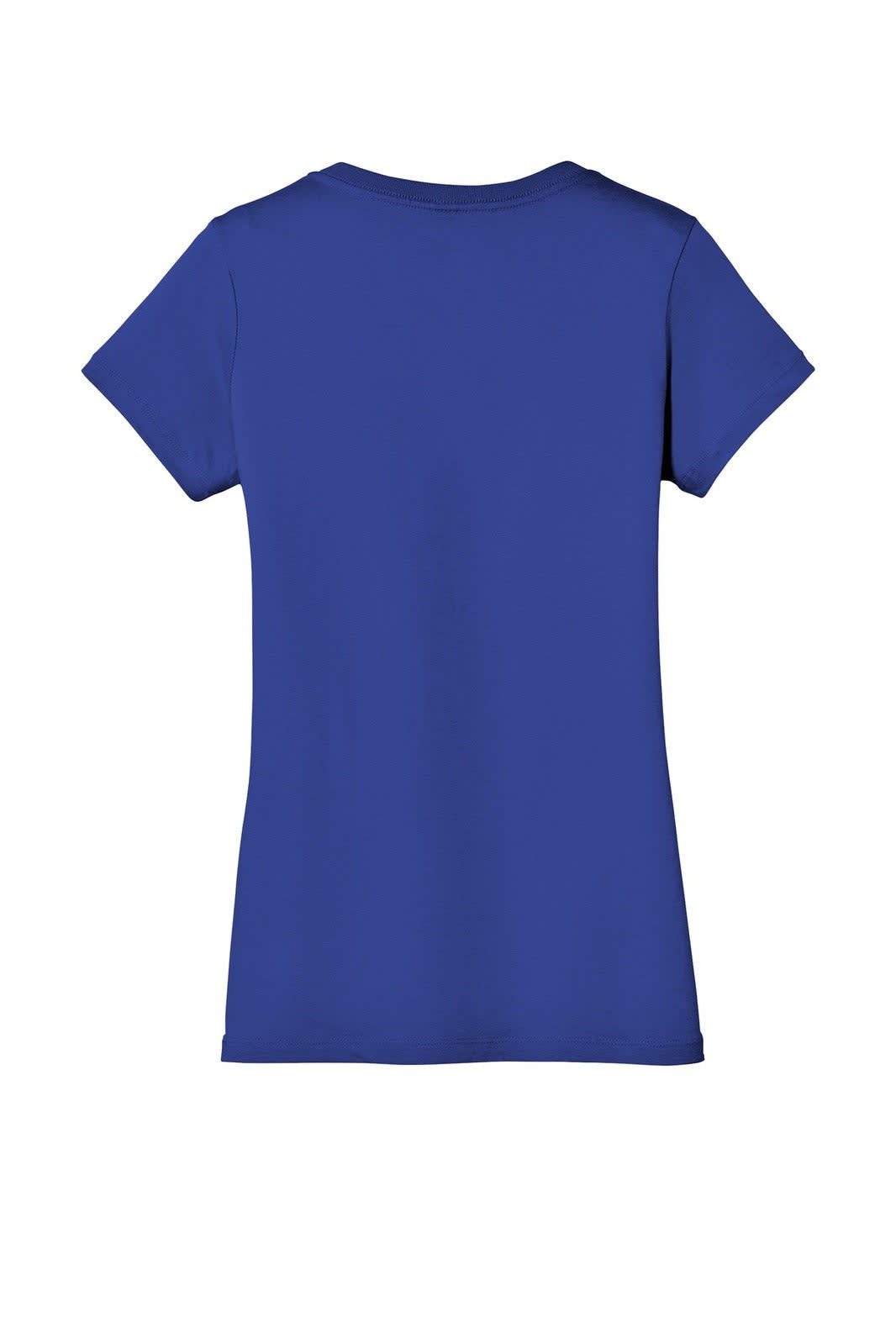 A blue v-neck t-shirt for ladies, featuring a fitted design and a logo on the back.