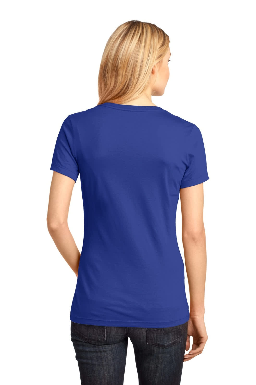 A woman wearing a blue District Made Ladies Perfect Weight V-Neck Tee, viewed from the back. The shirt has a logo.