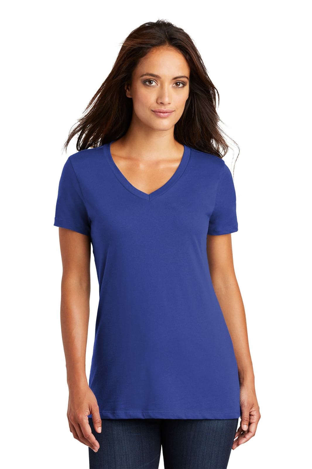 A plain blue ladies' V-neck T-shirt featuring short sleeves and a fitted design, with a logo on the shirt.