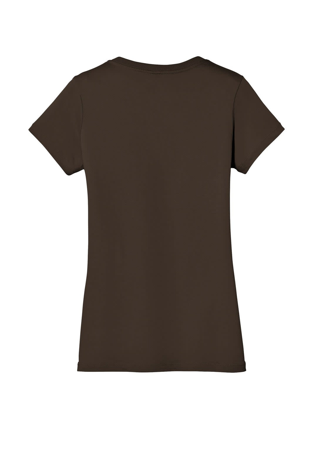 A brown ladies' V-neck T-shirt with short sleeves and a fitted design, featuring a logo.