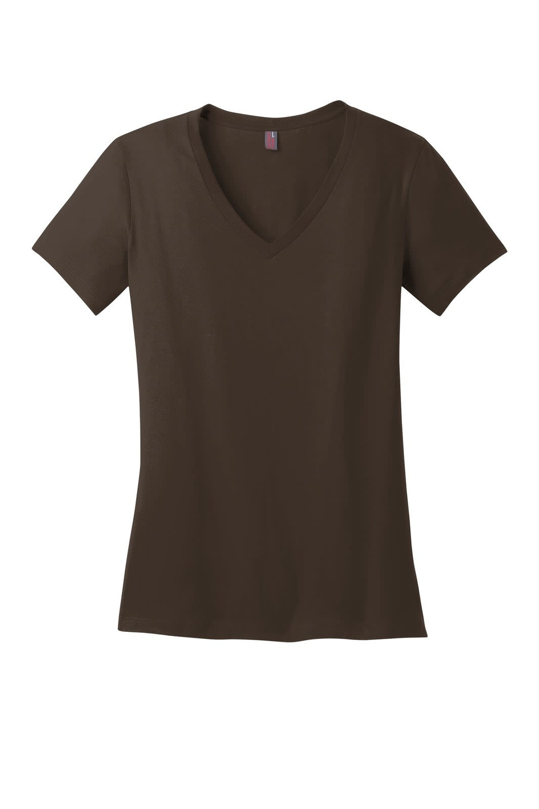 A dark brown ladies' V-neck tee with short sleeves and a fitted style, featuring a logo.