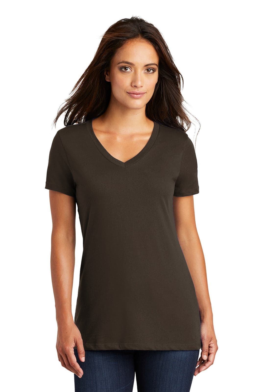 A dark olive green ladies' V-neck T-shirt with short sleeves and a relaxed fit. It features a logo.