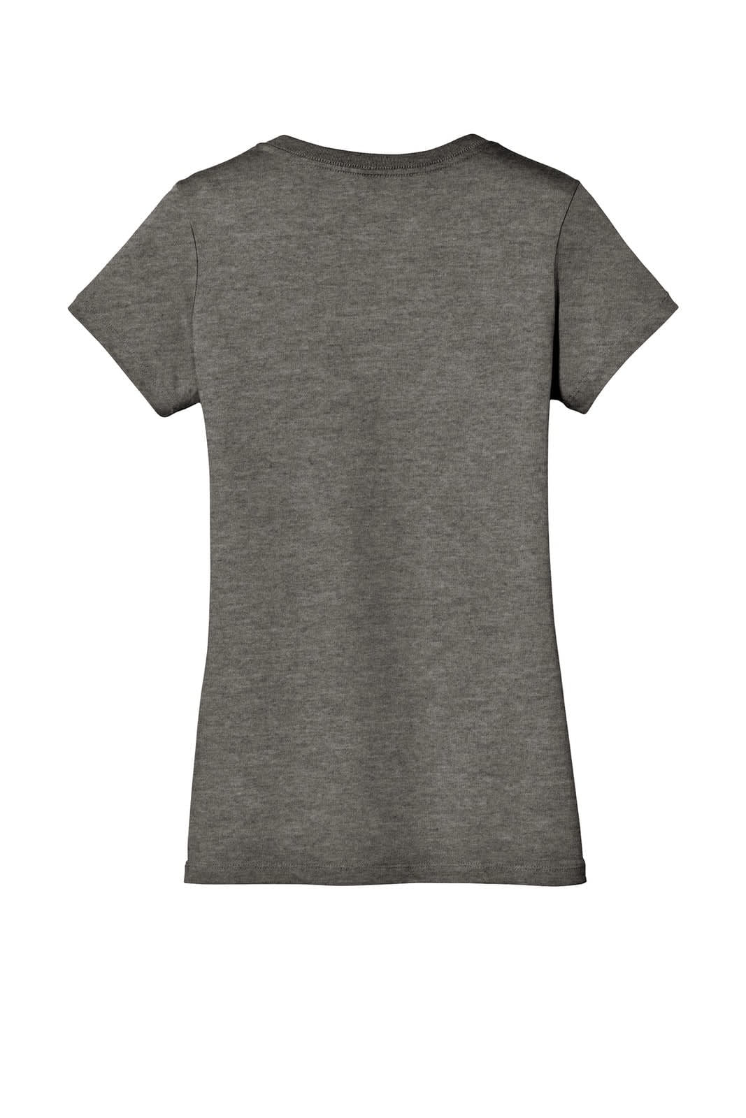 A grey women's V-neck t-shirt with short sleeves, featuring a fitted style and a logo on the back.