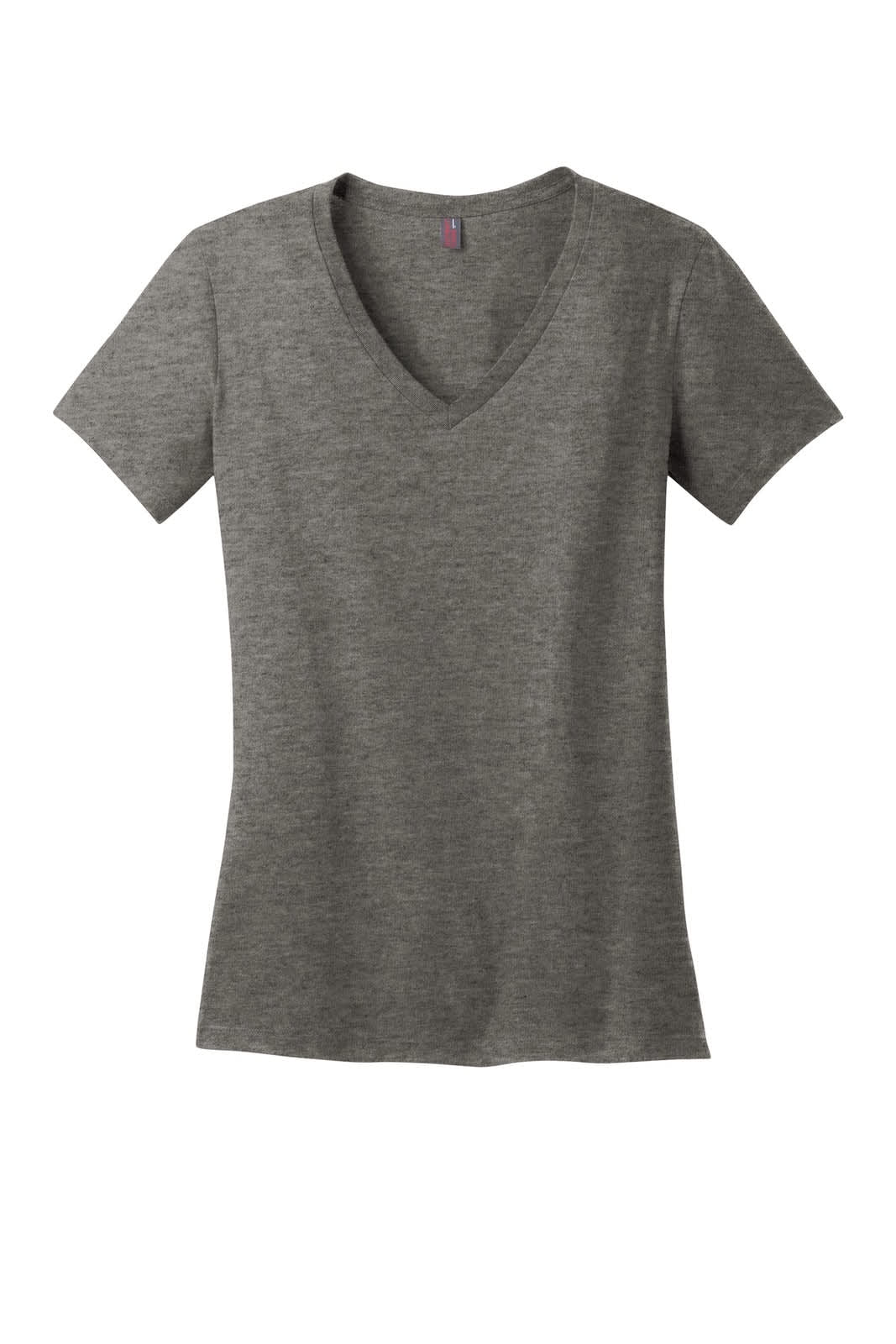 A grey ladies' v-neck t-shirt made from lightweight fabric, featuring a fitted silhouette and a logo.
