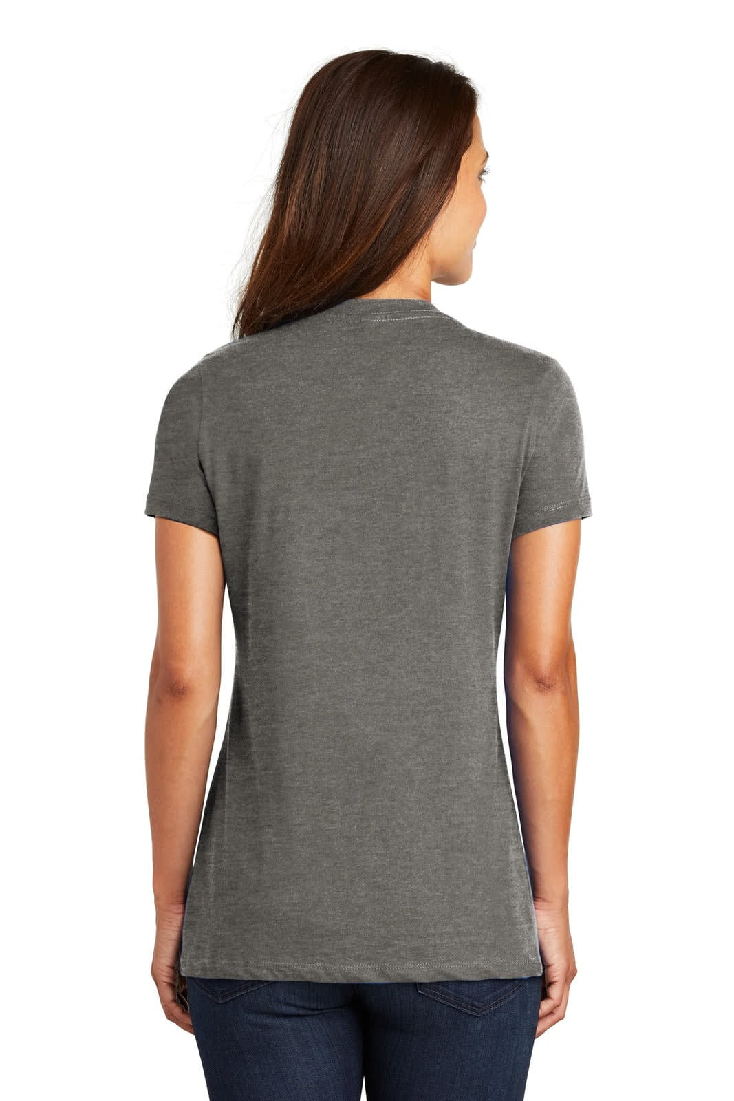 A grey ladies' V-neck tee with short sleeves, featuring a branded logo.