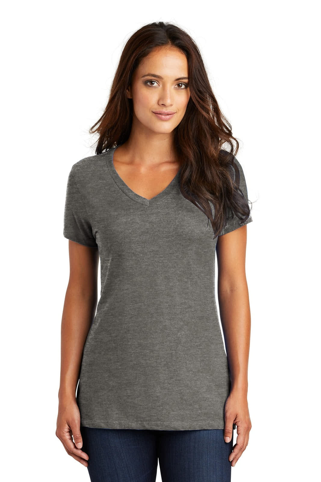 A grey v-neck t-shirt for ladies, featuring short sleeves and a relaxed fit, displayed on a model.