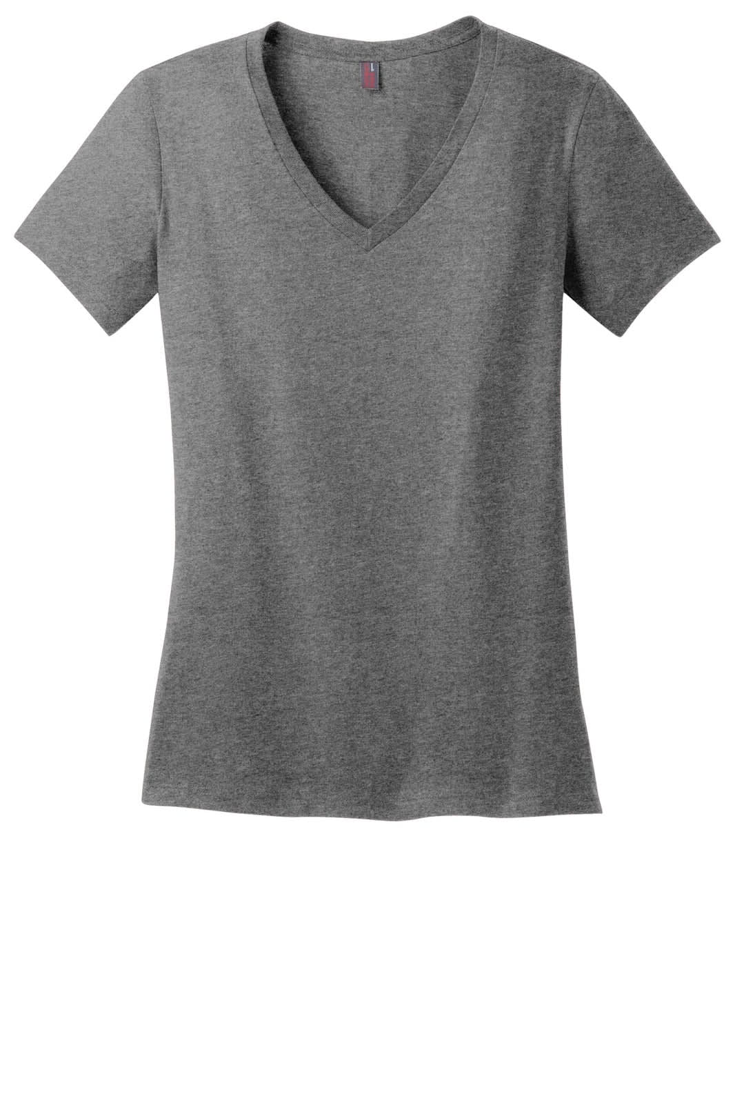 A grey ladies V-neck tee with short sleeves, featuring a fitted style and a logo on the label.