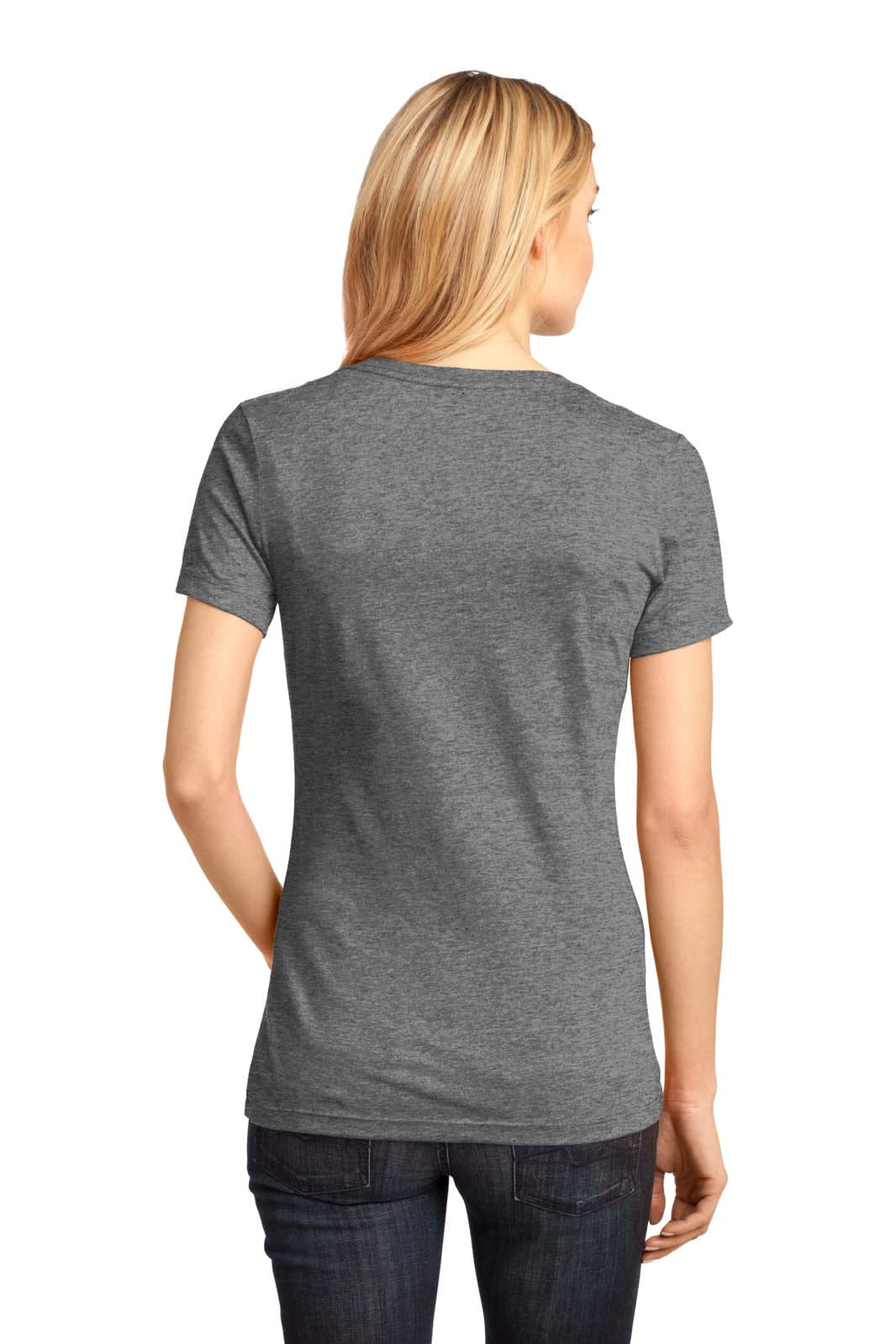 A grey ladies' V-neck tee with short sleeves, featuring a logo, displayed from the back.
