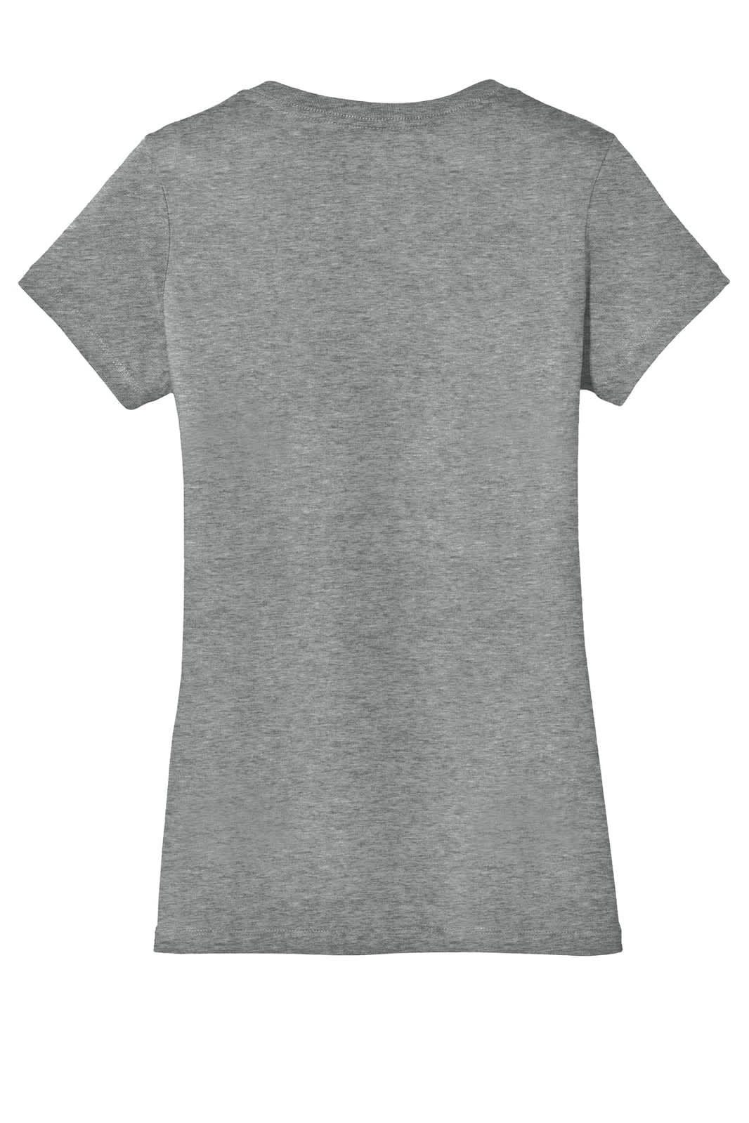A grey ladies' V-neck t-shirt with short sleeves and a fitted style, featuring a branding logo.