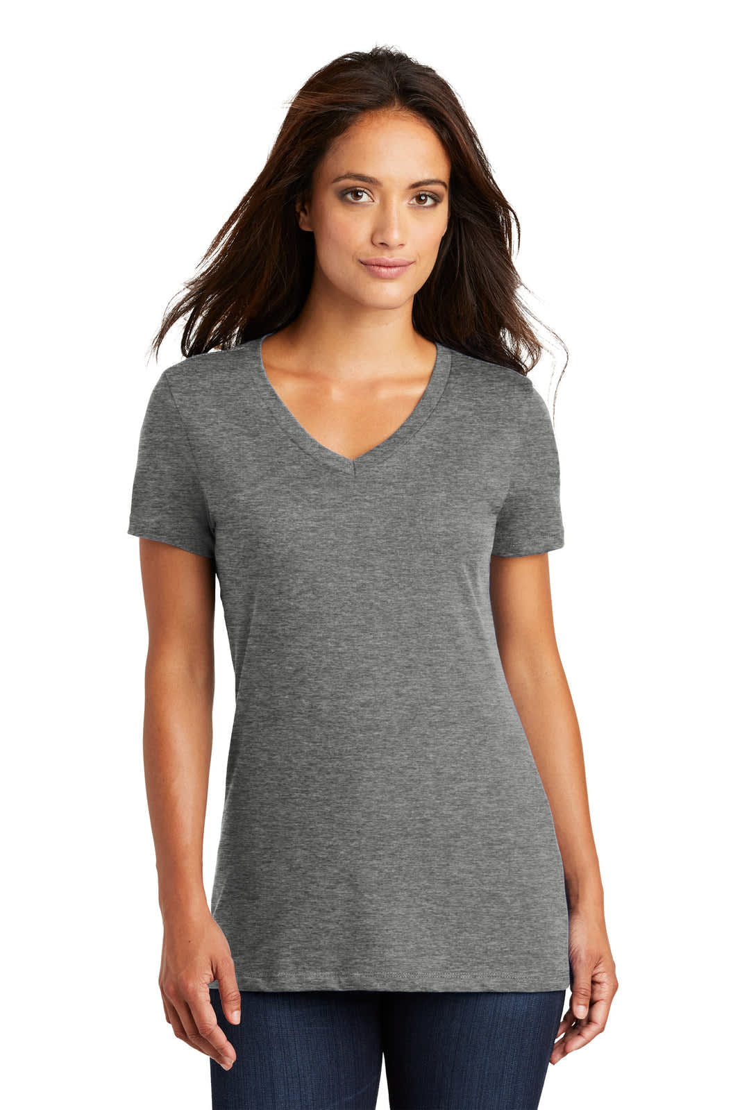 A grey ladies' V-neck T-shirt, featuring short sleeves and a fitted design, with a subtle branding logo.