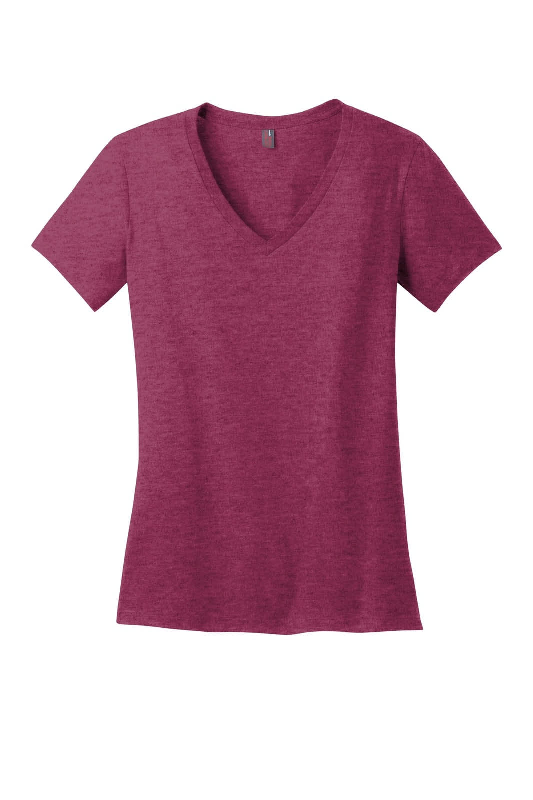 A maroon v-neck t-shirt designed for women, featuring a fitted style and a smooth fabric texture.