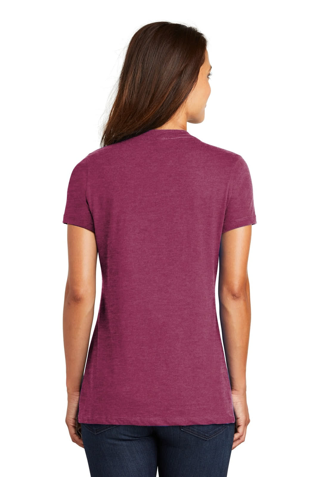 A maroon ladies' V-neck tee featuring a fitted design and short sleeves, with a brand logo on the back.