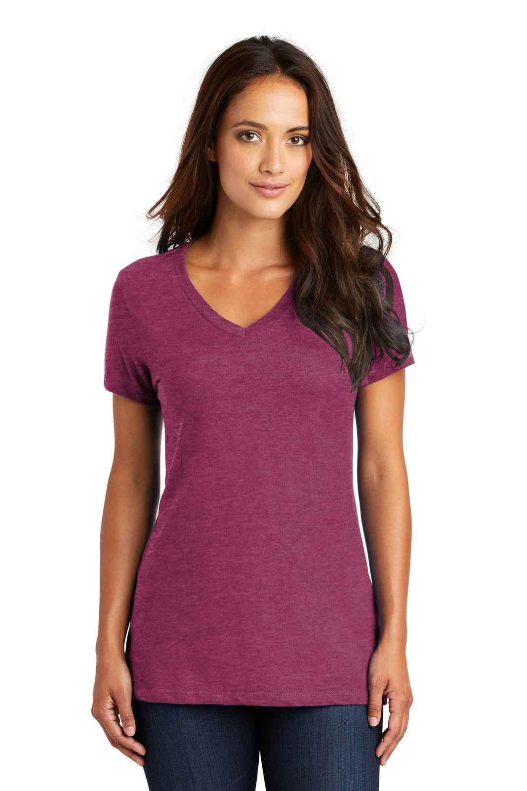 A purple ladies' v-neck t-shirt with short sleeves, featuring a fitted design and a brand logo.