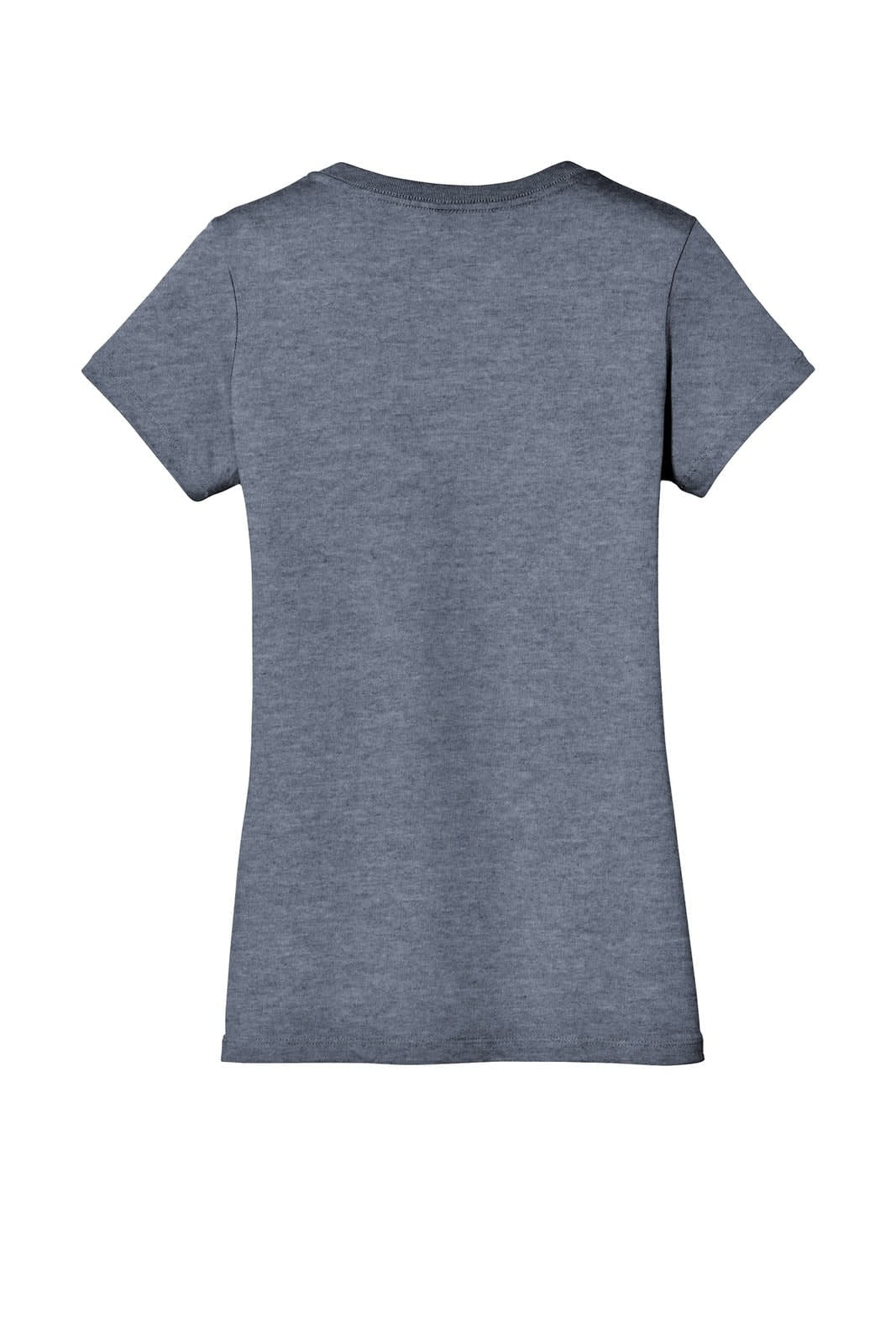 A grey ladies' v-neck t-shirt with short sleeves and a fitted style. It features a logo on the back.