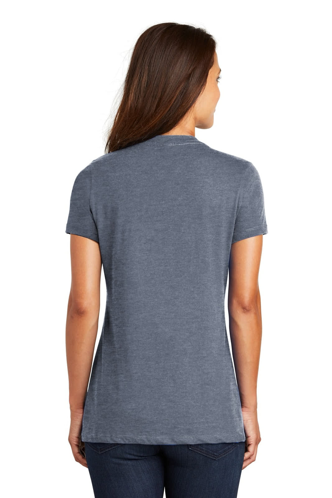 A grey ladies' V-neck t-shirt with a fitted design and short sleeves, featuring a logo on the back.