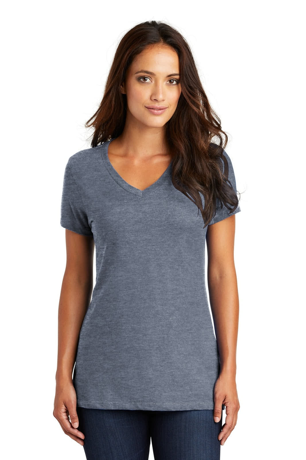A woman is modelling a navy blue v-neck t-shirt, featuring short sleeves and a relaxed fit. The shirt has a branding logo.
