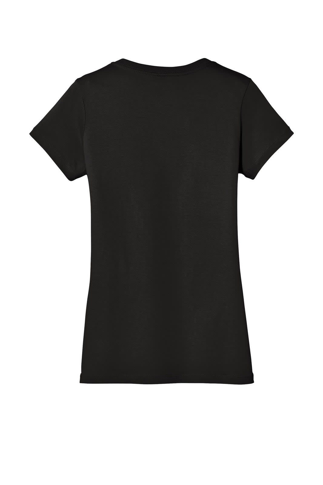 A black ladies' v-neck t-shirt with short sleeves, featuring a smooth, plain back design.