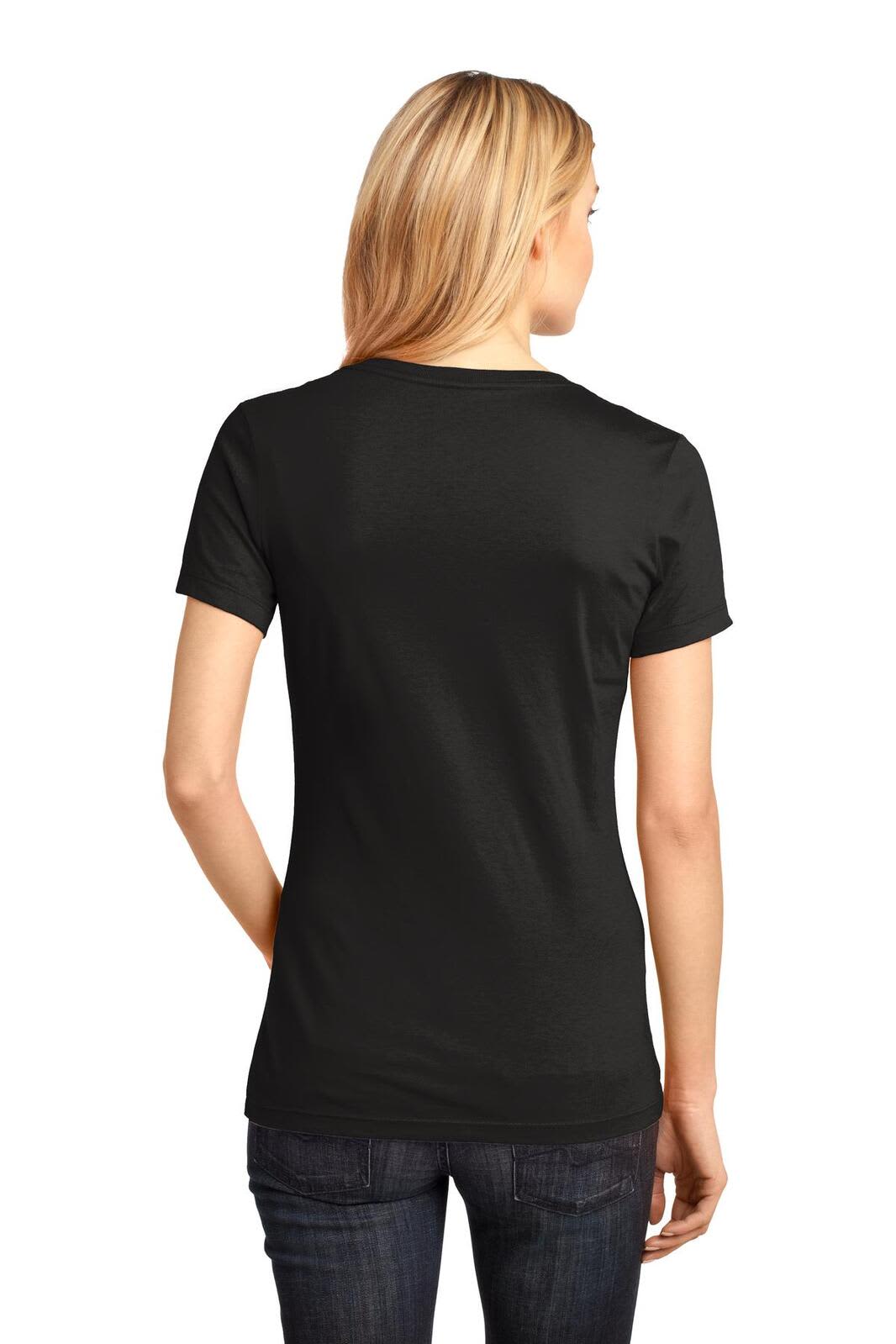A black ladies' V-neck tee with a fitted design, shown from the back, featuring a logo on the upper back.