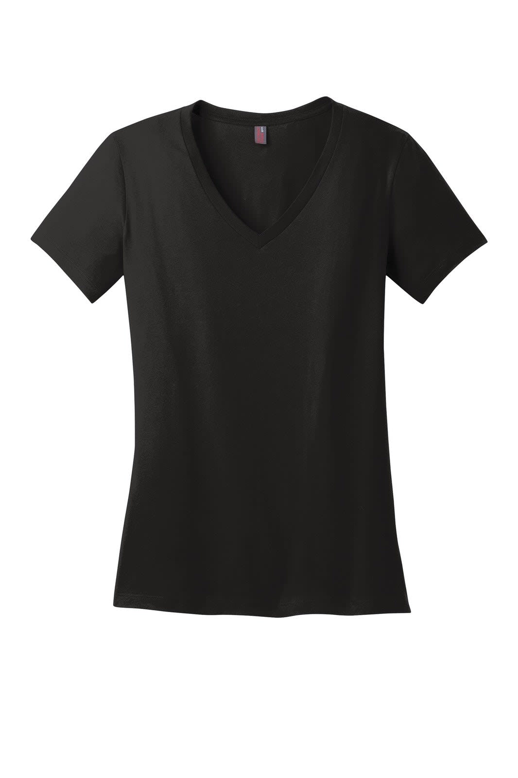 A black ladies' V-neck T-shirt with short sleeves and a fitted shape. It features a logo on the label.
