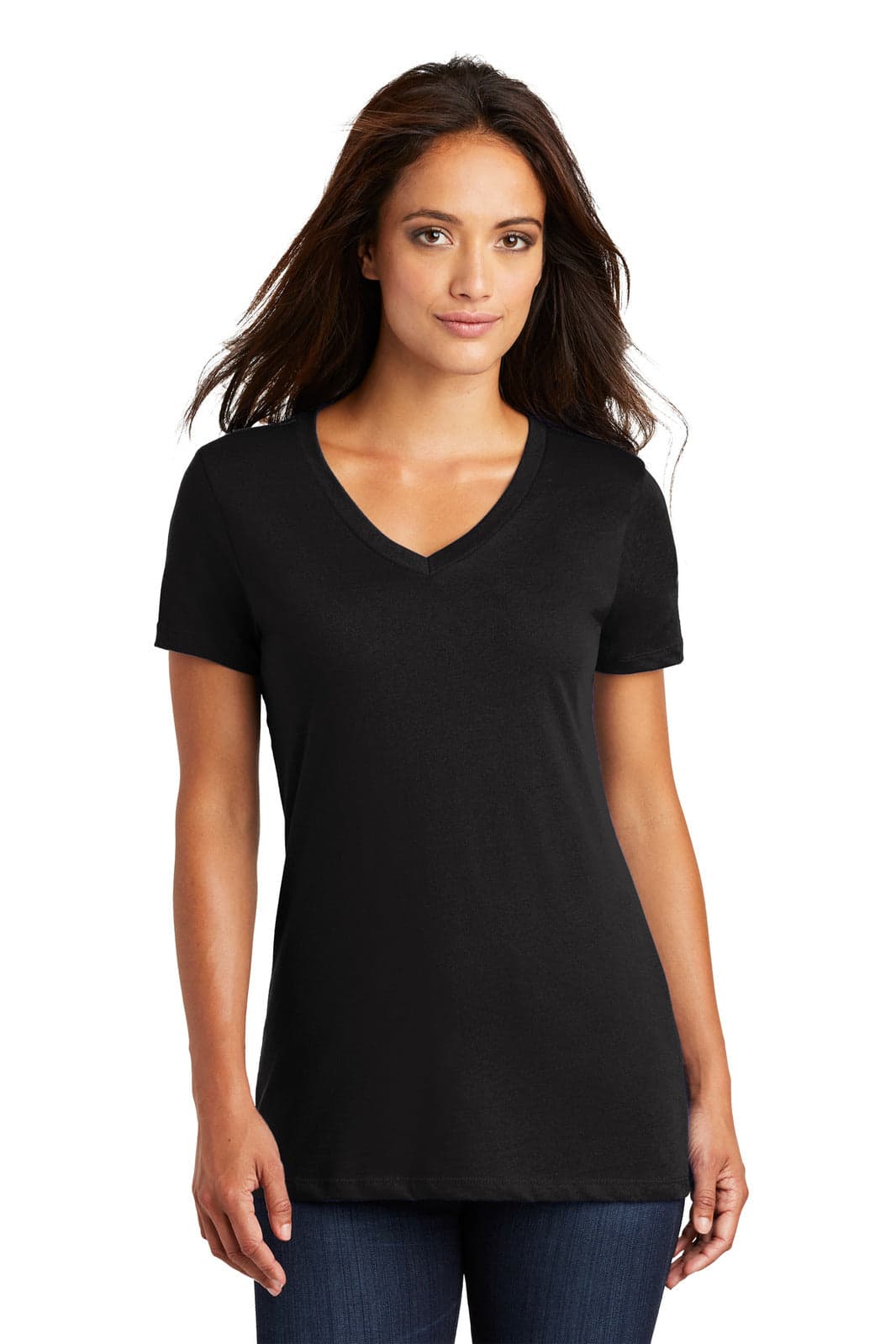 A black ladies' v-neck t-shirt with short sleeves, featuring a fitted design and a logo on the chest.