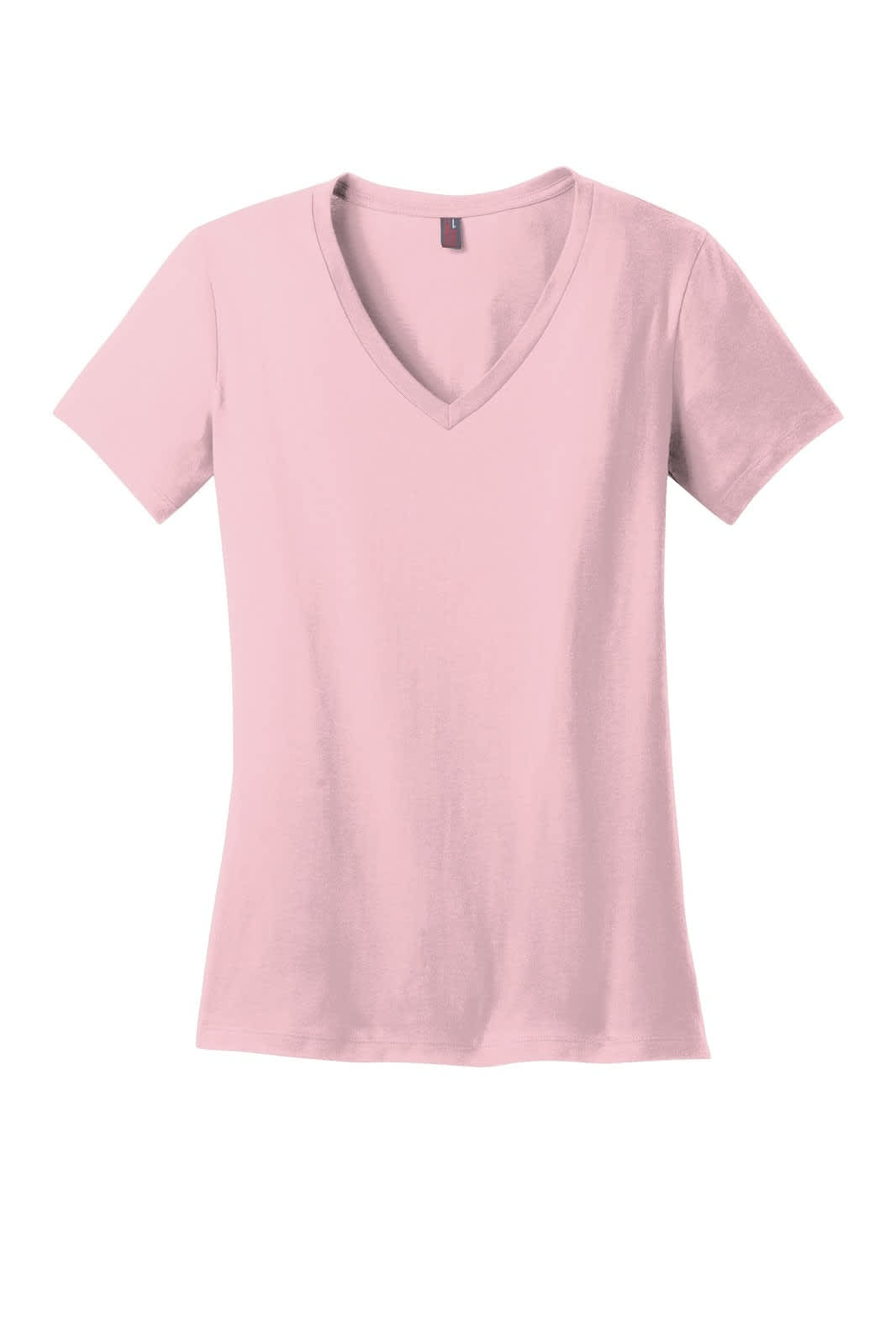 A pink v-neck women's t-shirt with a fitted design and a small logo on the label.
