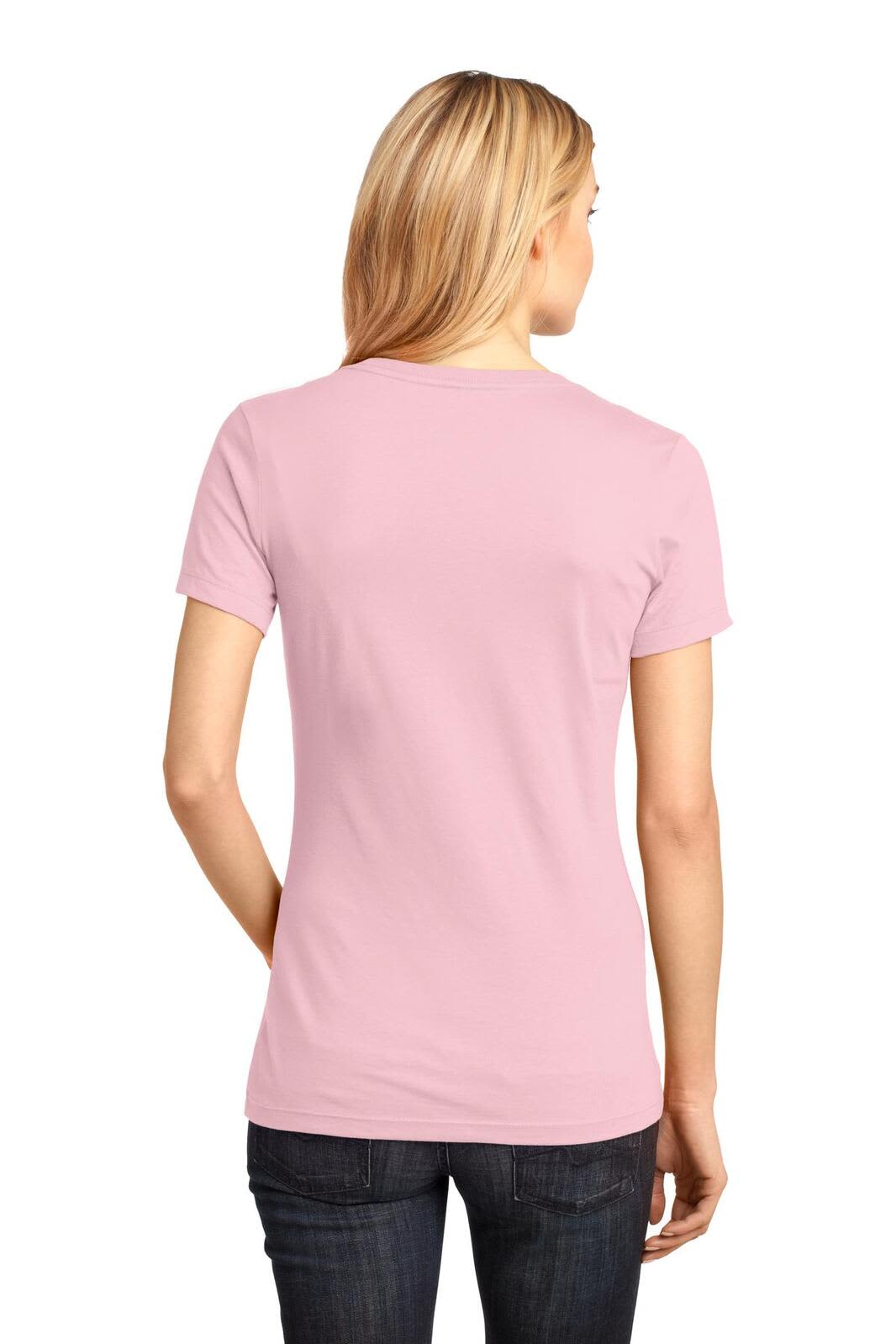 A pink ladies' V-neck t-shirt, featuring a fitted design and short sleeves, with a logo on the side.
