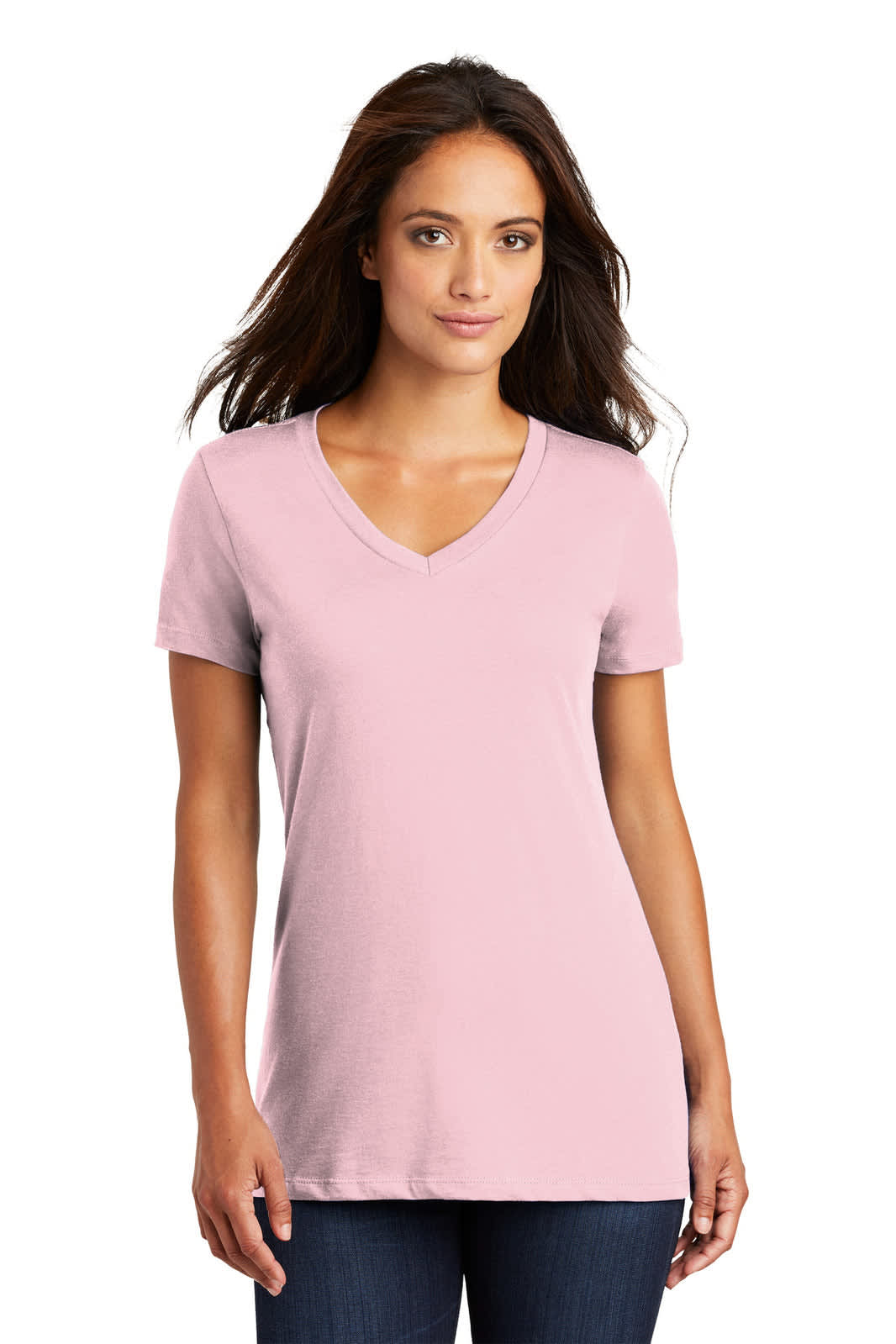 A light pink ladies' V-neck T-shirt with short sleeves, featuring a logo.