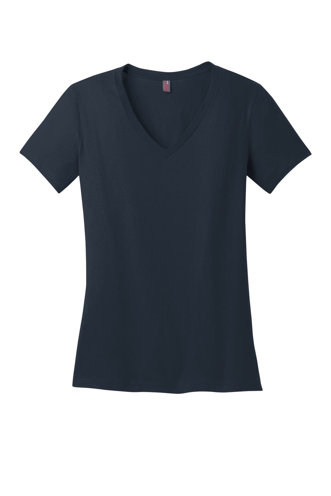 A navy blue ladies’ V-neck t-shirt with short sleeves, featuring a fitted style and a small logo.