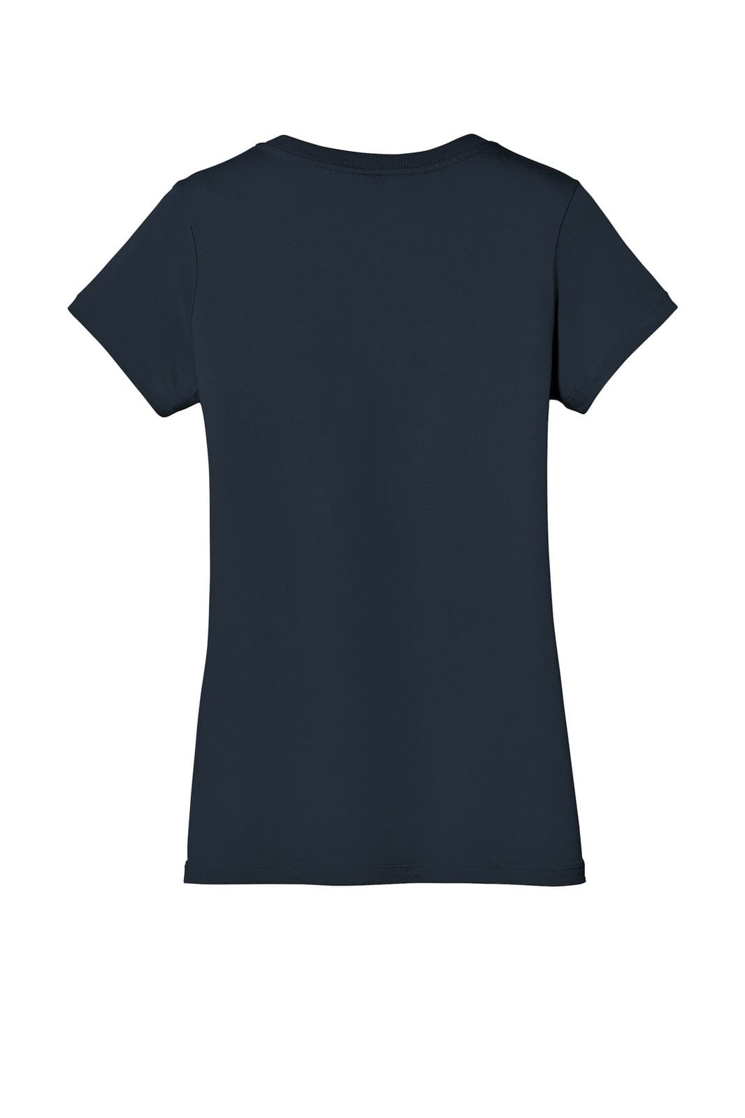 A navy blue ladies' V-neck tee with a fitted style and short sleeves, featuring a logo on the back.