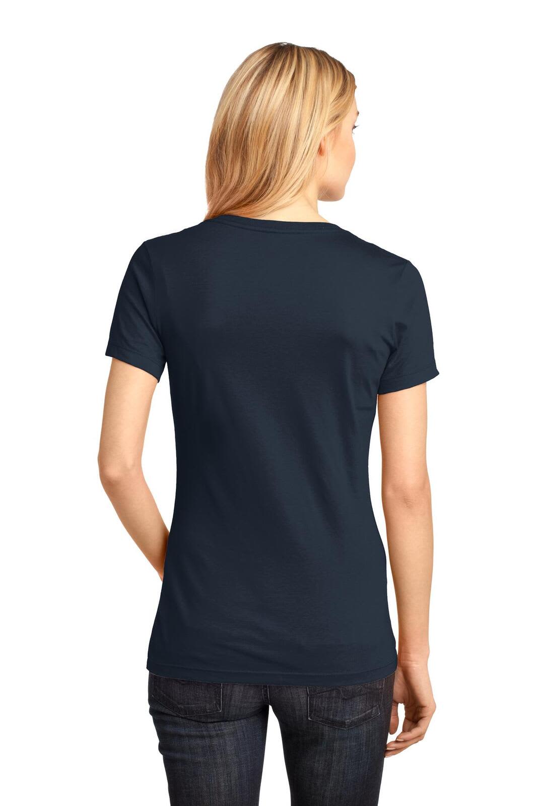 A navy blue ladies' V-neck tee displaying a simple design and a fitted silhouette, viewed from the back.