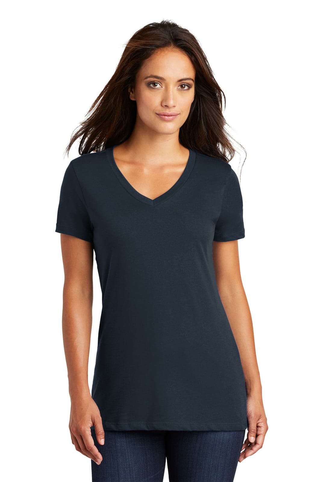 A navy blue ladies' V-neck t-shirt featuring a fitted style and short sleeves, with a logo on the garment.