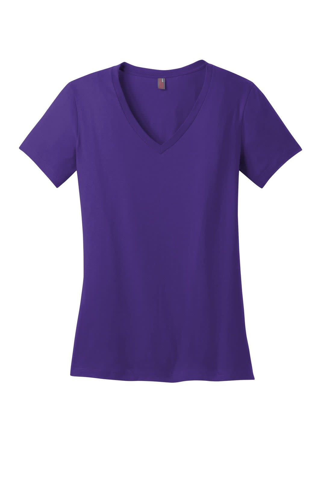 A purple ladies' V-neck t-shirt with a fitted design and a tag at the neckline. Features a logo on the side.