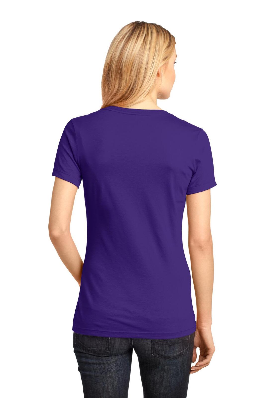 A purple ladies' V-neck t-shirt viewed from the back, featuring a fitted design. It has one logo on the back.