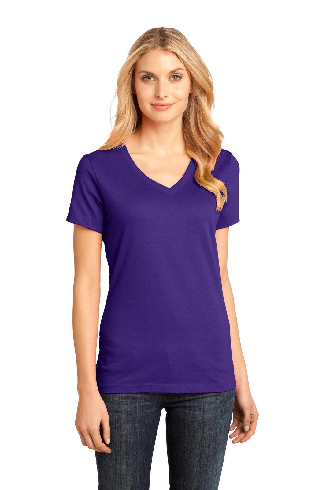 A purple ladies' V-neck t-shirt displayed on a model, featuring short sleeves and a fitted design.