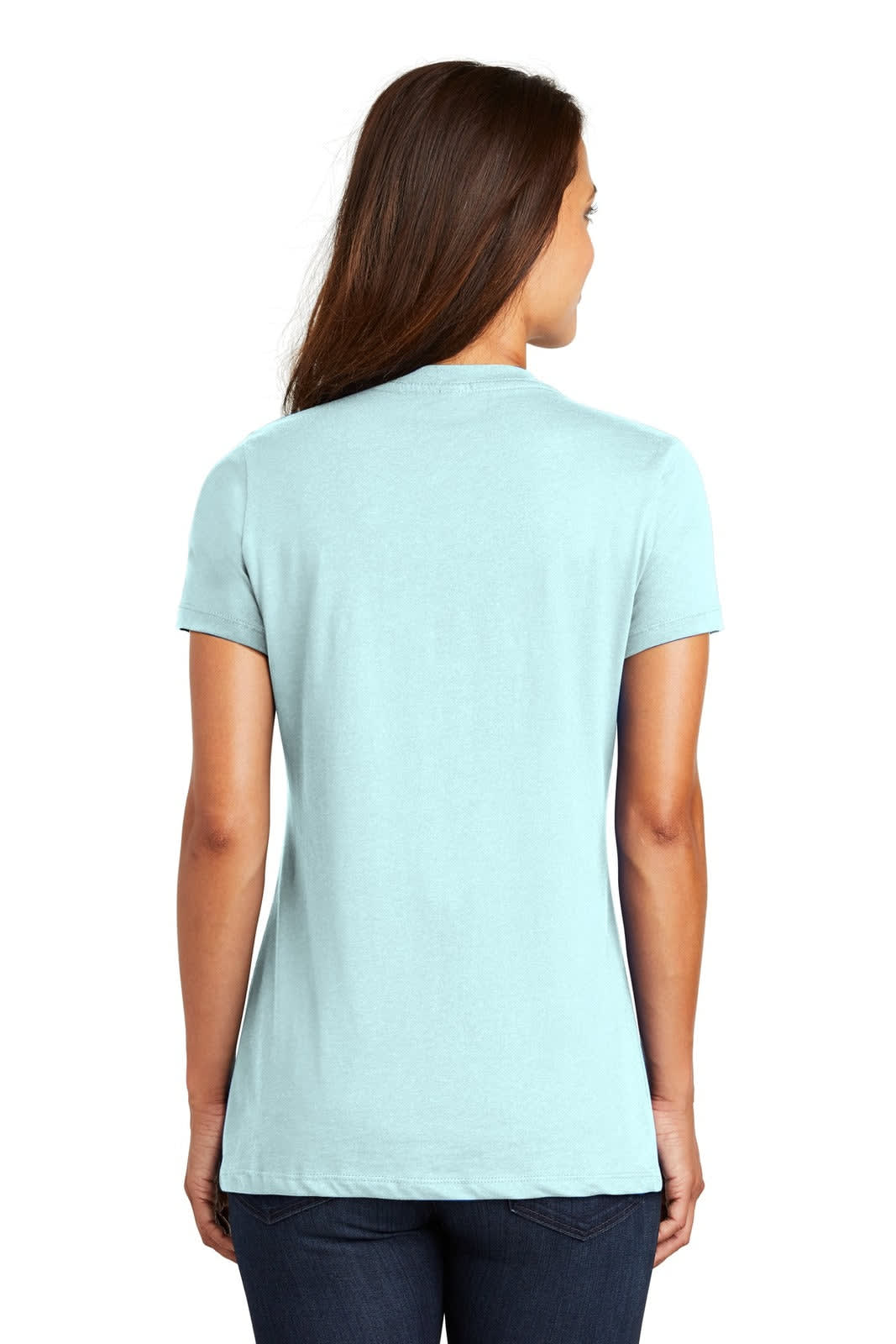A light blue ladies' v-neck t-shirt, featuring a fitted design and short sleeves, with a branding logo on the back.