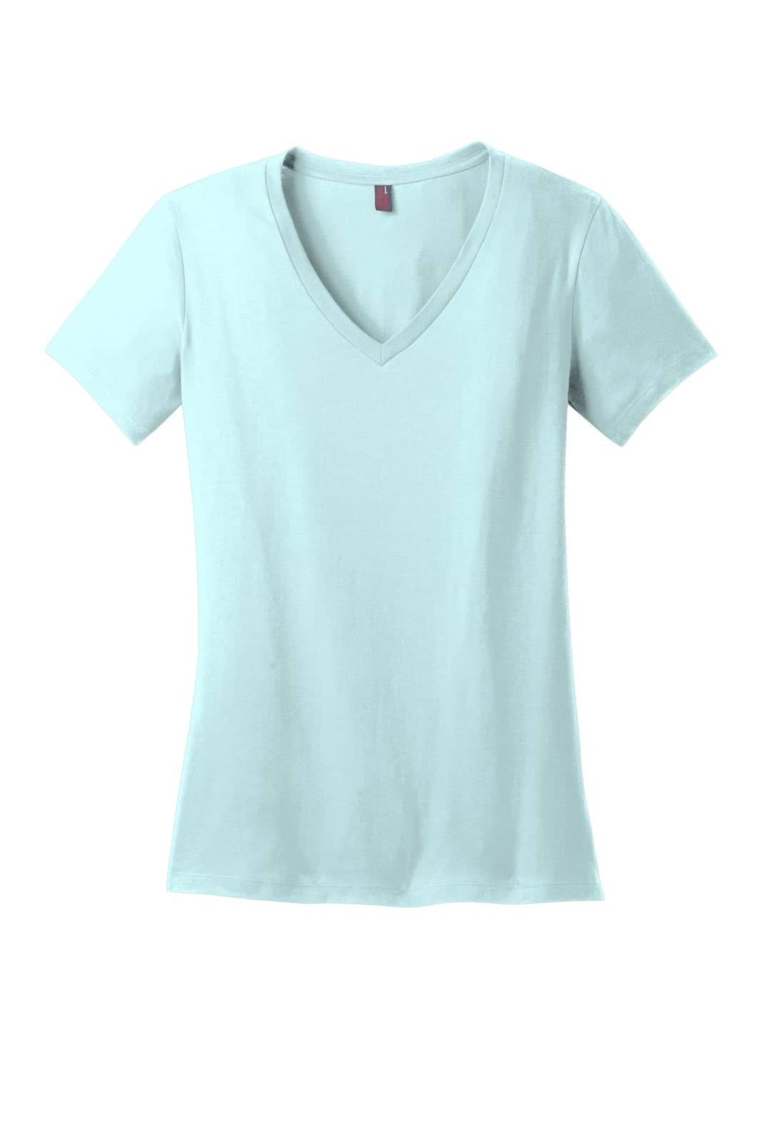 A light blue v-neck women's t-shirt featuring a fitted design and short sleeves. It has a logo on the label.